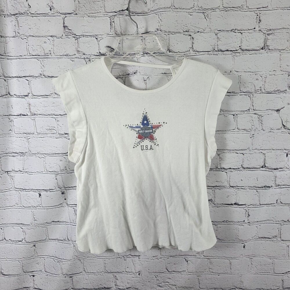 Harley Davidson Women's XL White T-Shirt with Red, Silver, and Blue Stars